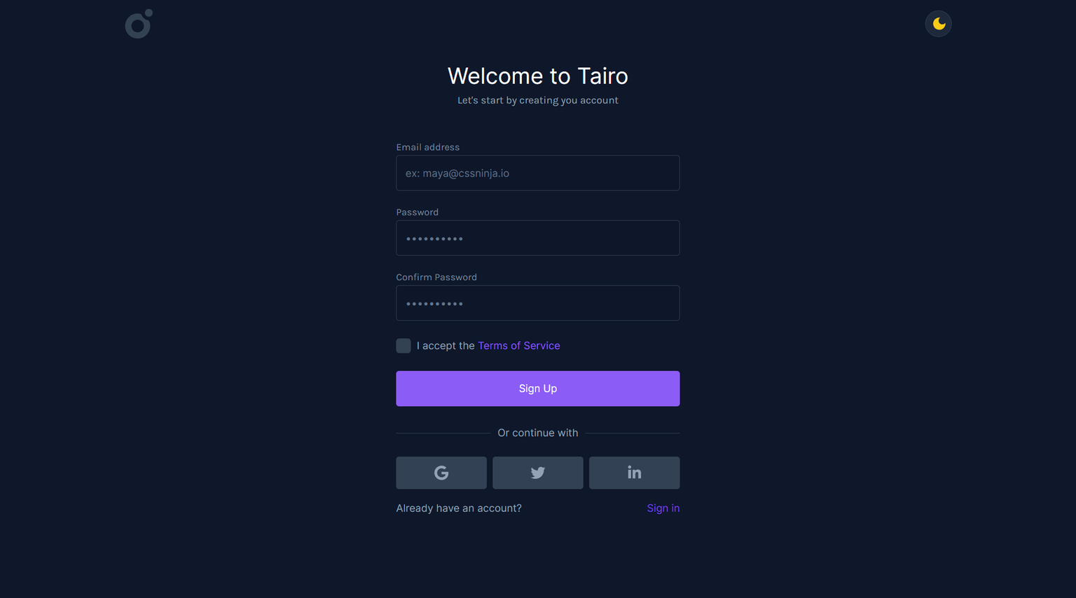Tairo - Signup 2